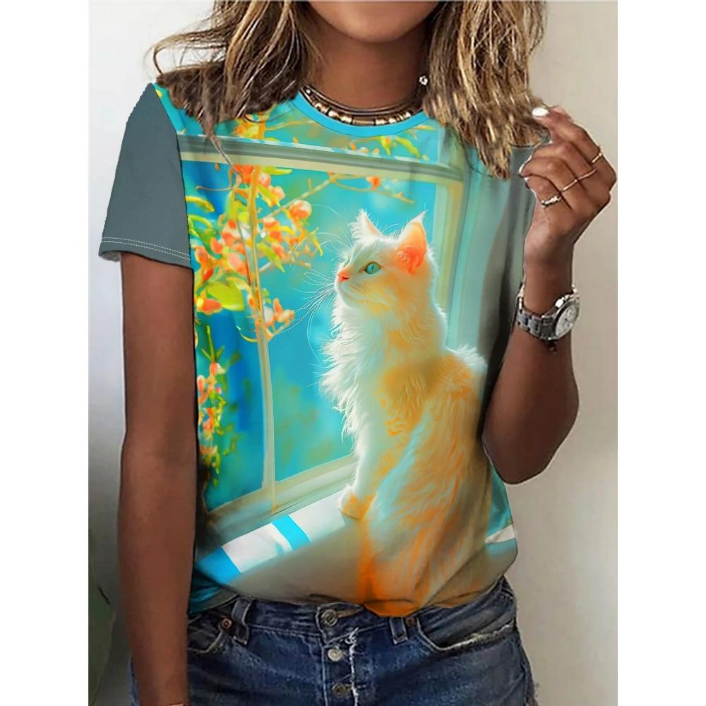 

Funny Cat Pattern T-Shirt for Girls Short Sleeve Tee Girls Clothes 7 To 8 Years Children s T-Shirt M