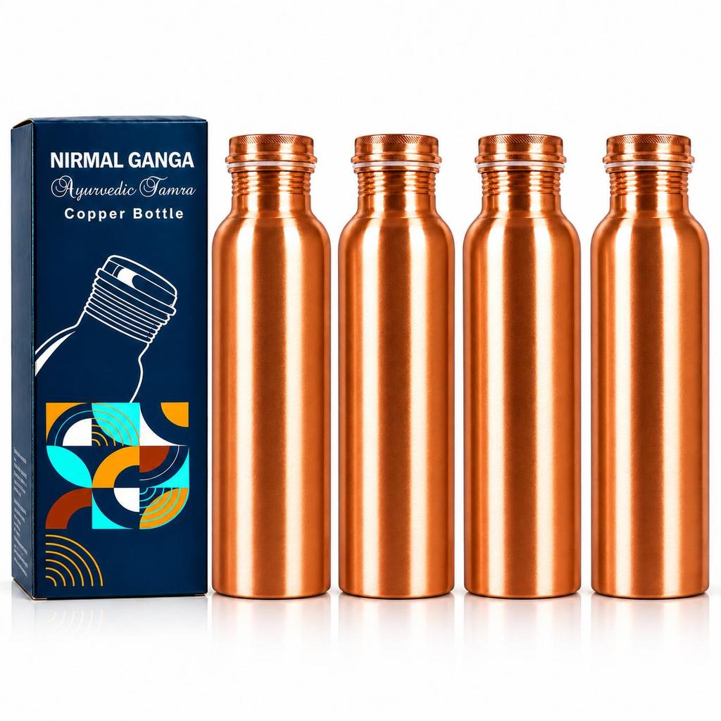 Nirmal Ganga Reines Kupfer Wasserflaschen-Set - Je 1 Liter, Schlankes Schlichtes Design, Premium Shudh Tamba Qualität//4er-Pack