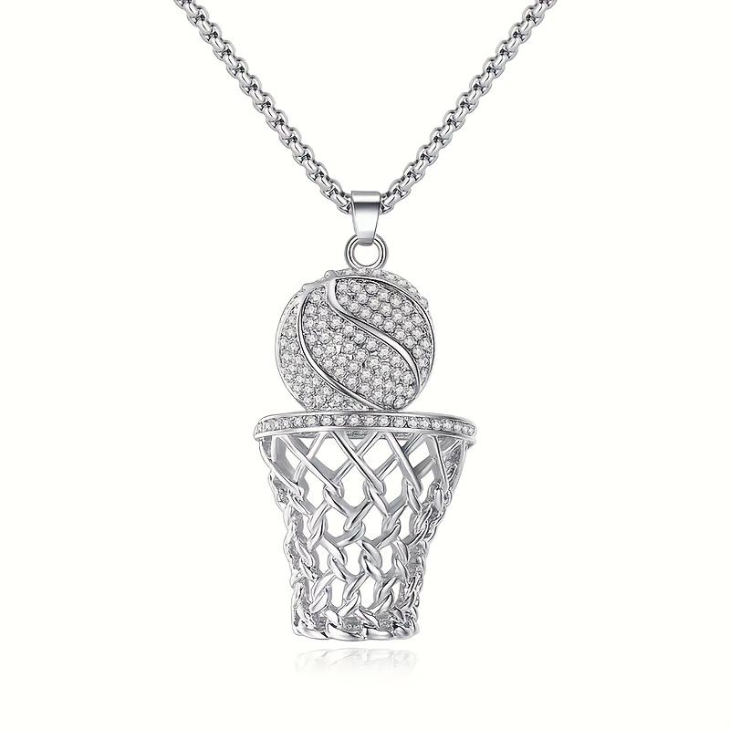 

[Hip-Hop Basketball Necklace] Golden-Tone Titanium Alloy Hip-Hop Basketball Pendant Necklace | Sparkling Synthetic Faux Gemstones, Unisex Jewelry for