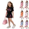 Girls Casual Two Piece Set Loose Fit Short Sleeve Crew Neck Top with Printed Design and Matching Skirt Comfortable Summer Outfit