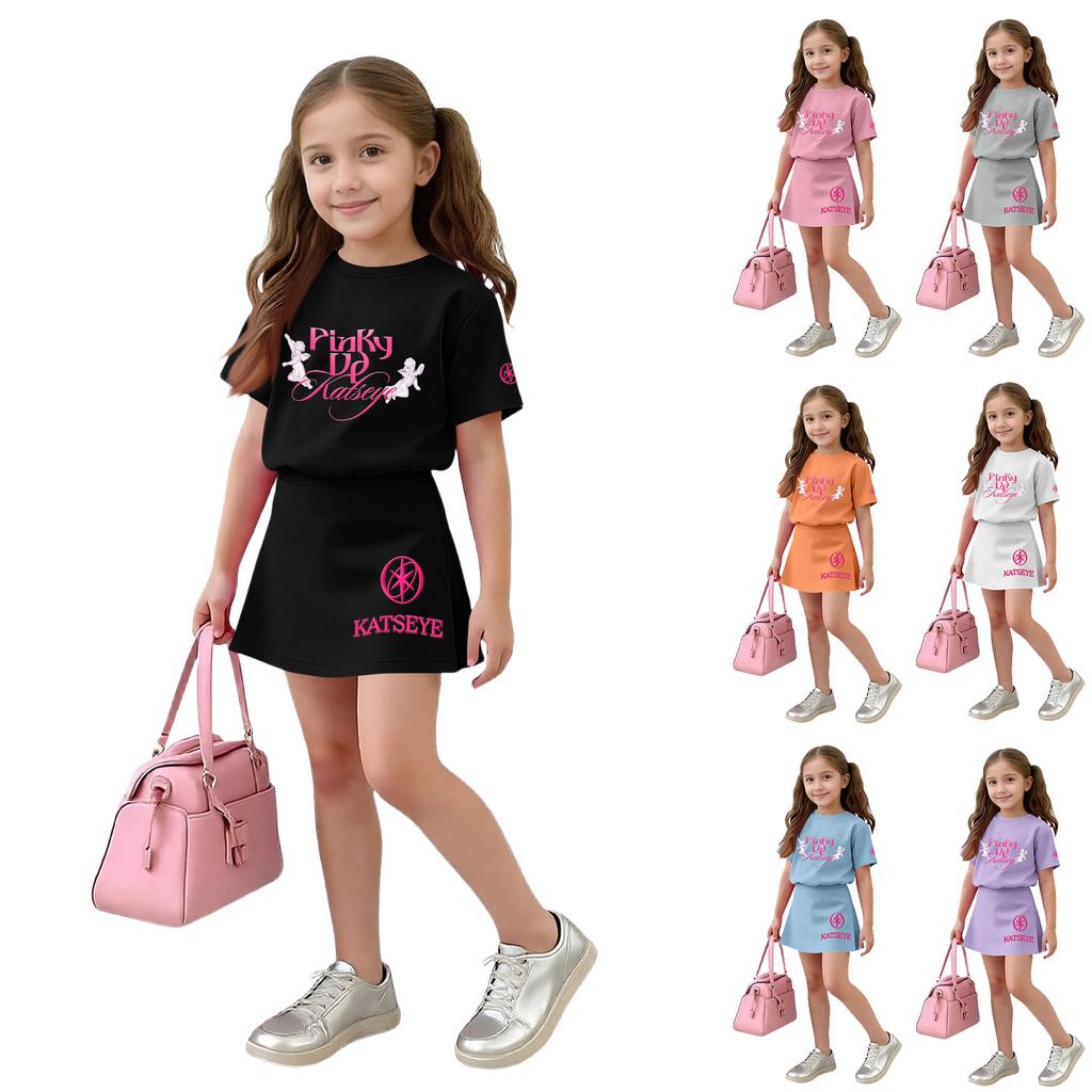 Girls Casual Two Piece Set Loose Fit Short Sleeve Crew Neck Top with Printed Design and Matching Skirt Comfortable Summer Outfit