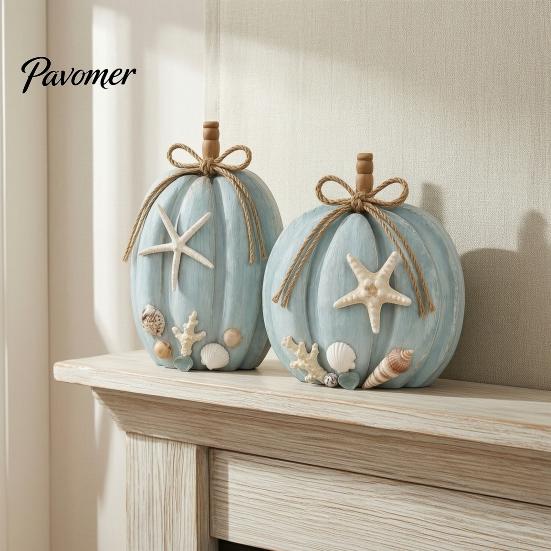 Dekorative Holzkürbisse für Zuhause 2 Stück Küstenkürbis-Deko, Blaues Holzschild, Herbst Handgefertigt Massivholz Geschenke Tischmittelstück Thanksgiving