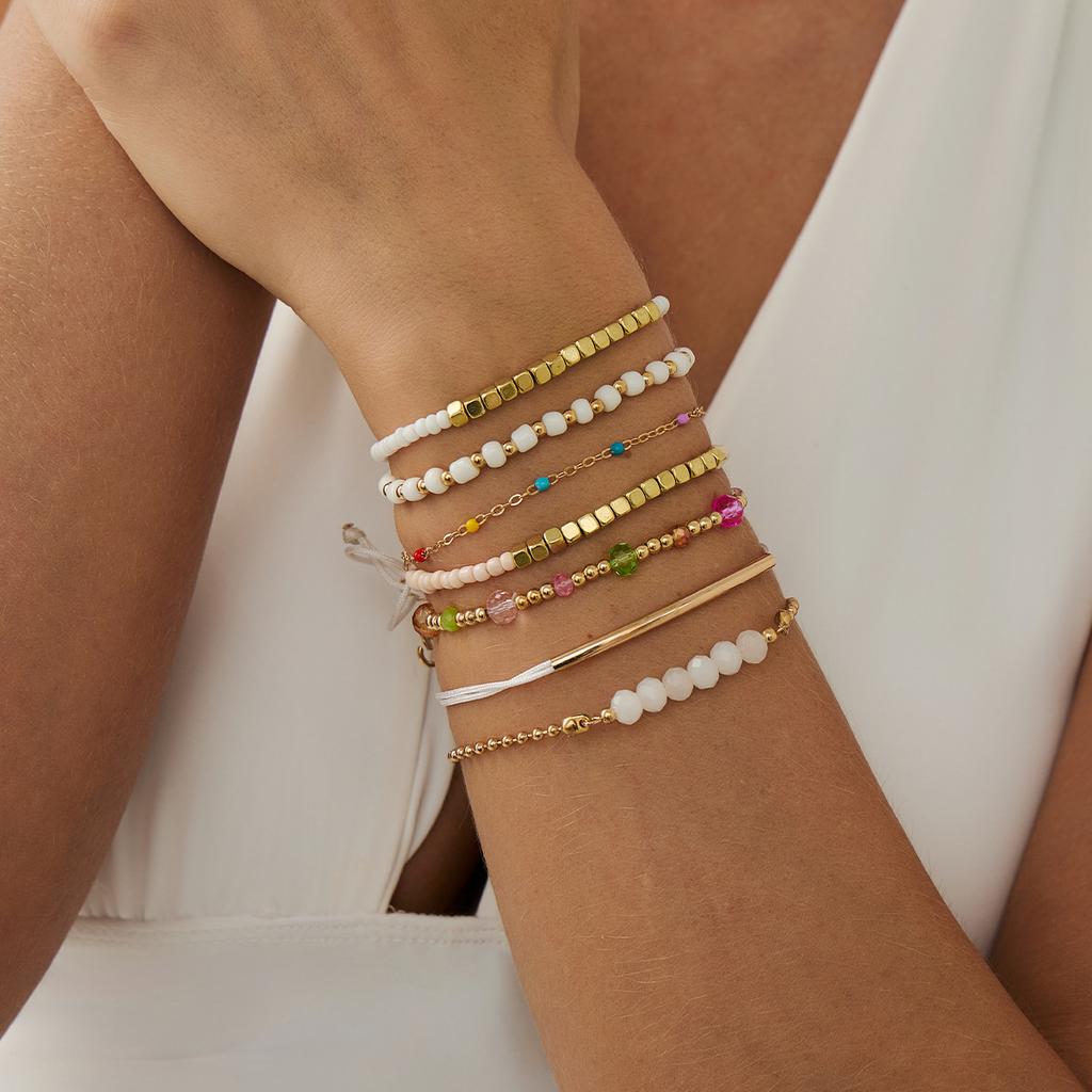 Bohemian 7-Piece Beaded Bracelet Stack Multicolor Gold White Stackable Jewelry Summer Gift Set for Women Girls