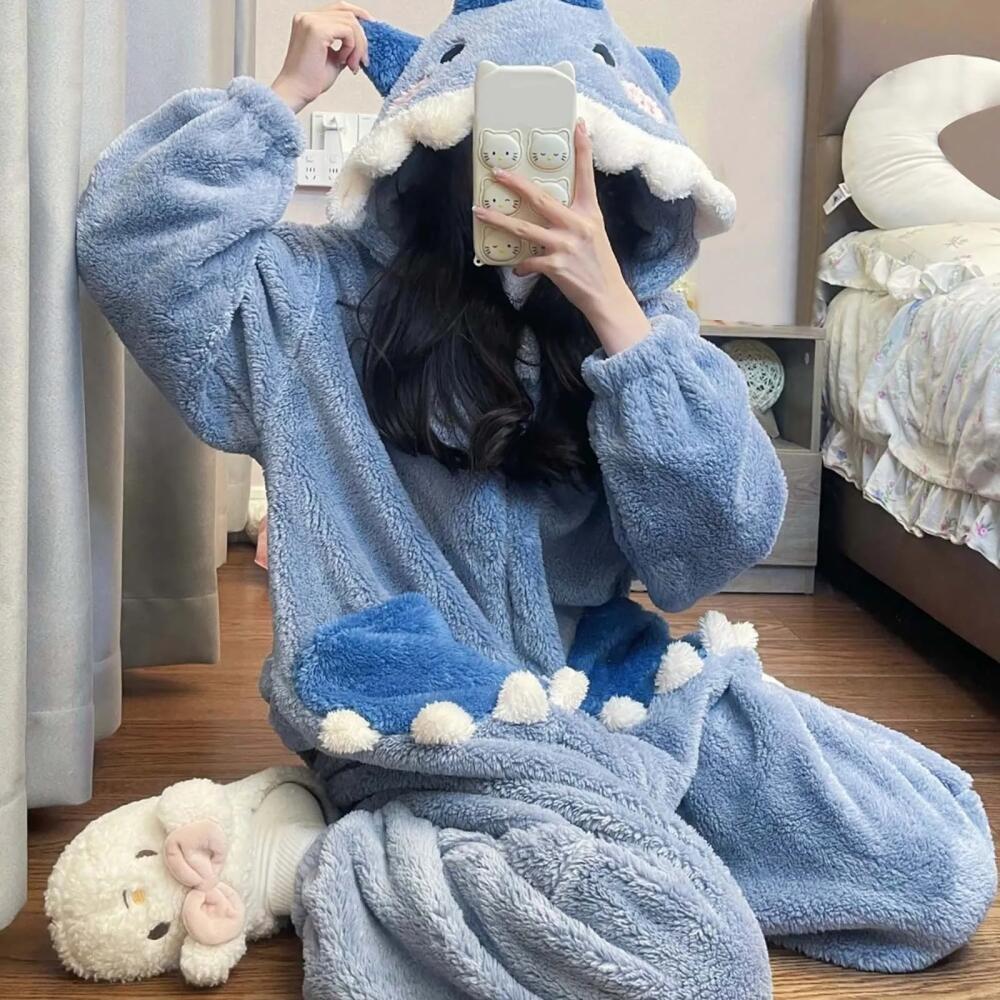 Kigurumi Roztomilý Žralok S Kapucí Korálový Fleece Pyžamo Dámské Noční Prádlo Párty Halloween Karneval