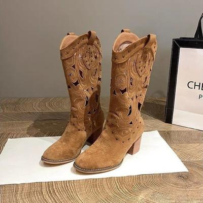 Bestickte Wildleder Chunky Heel Westernstiefel für Damen Mode Weiche Sohle Lässig Frühling Herbst Hollow Knight Stiefel Schuhe Frau