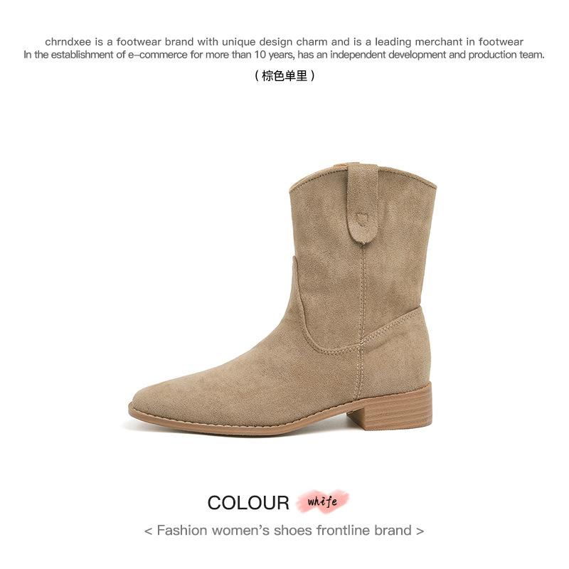 Cowhide Version~ 2025 New Retro Matte Round Head Sleeve Short Boots Women's Thick Heel Suede Versatile Martin Boots