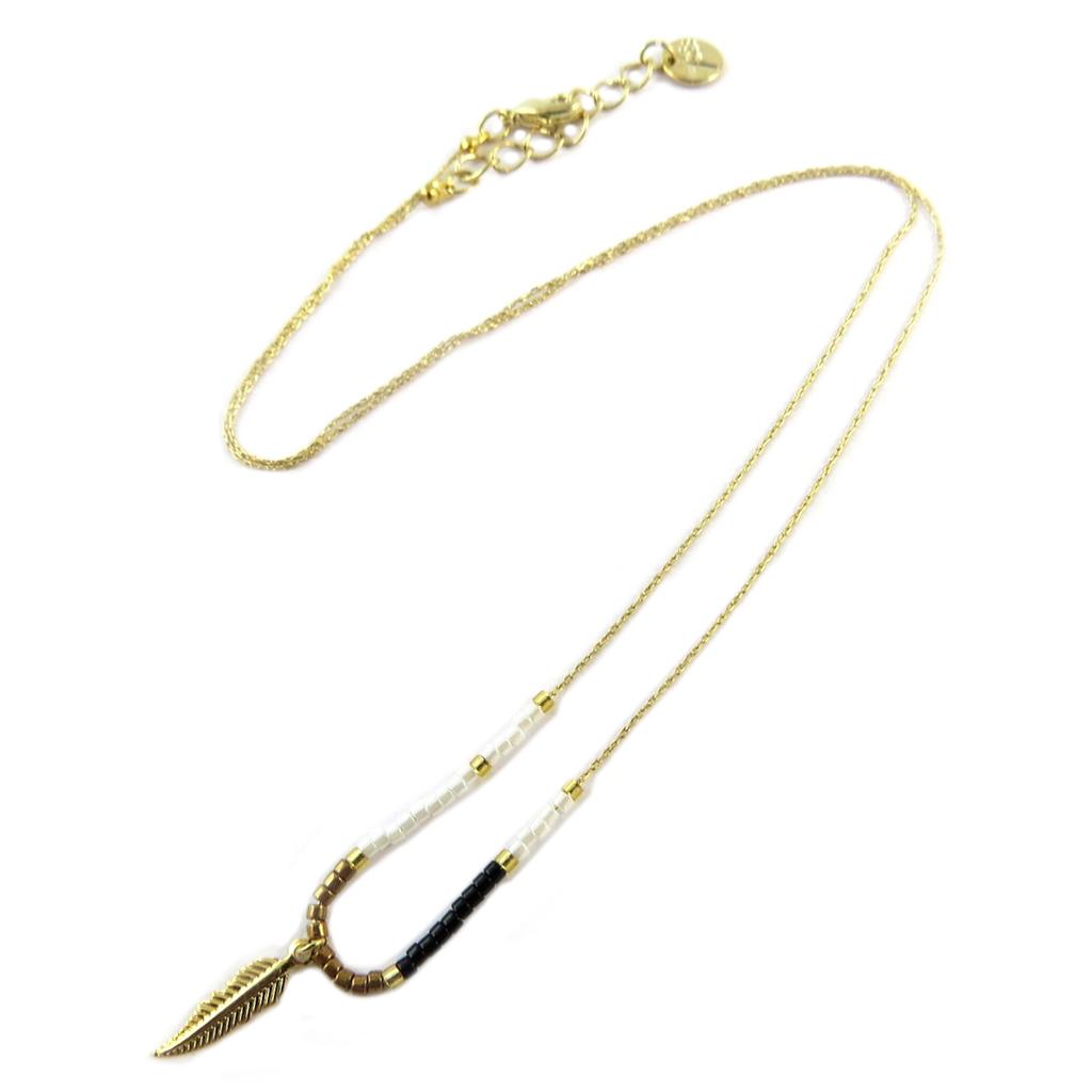 7bis [Q1532] - Handmade 'Boho' Black Beige Gold Necklace (feather) - 12x4 Mm