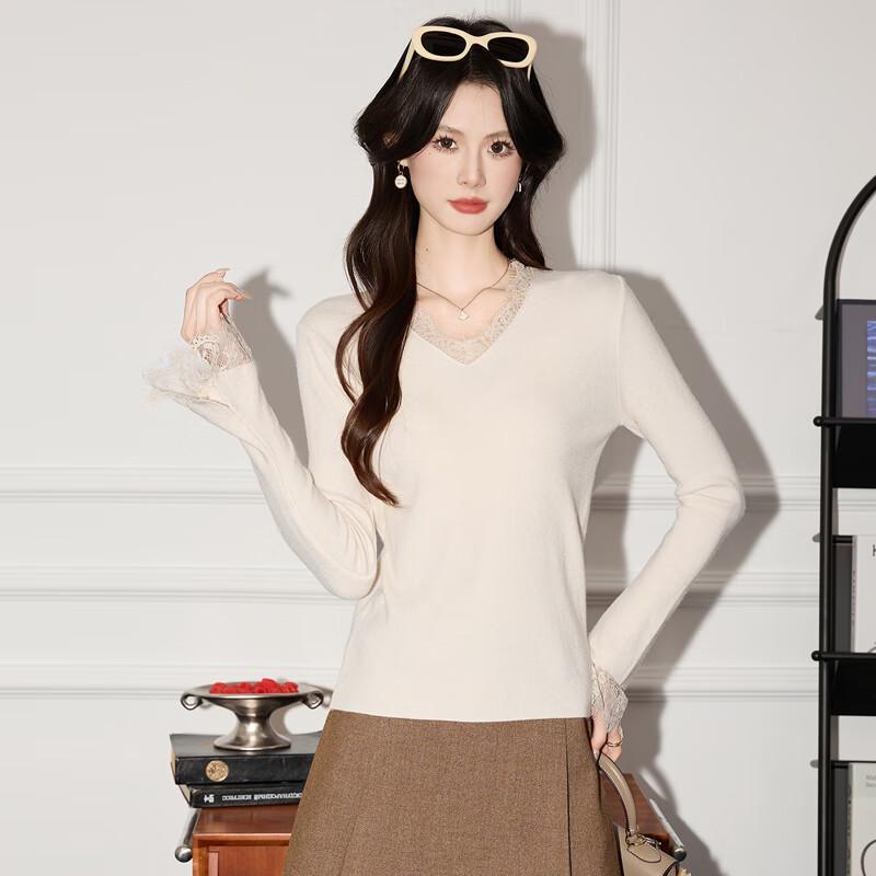 

Женский вязаный свитер с V-образным вырезом и кружевной отделкой One Size