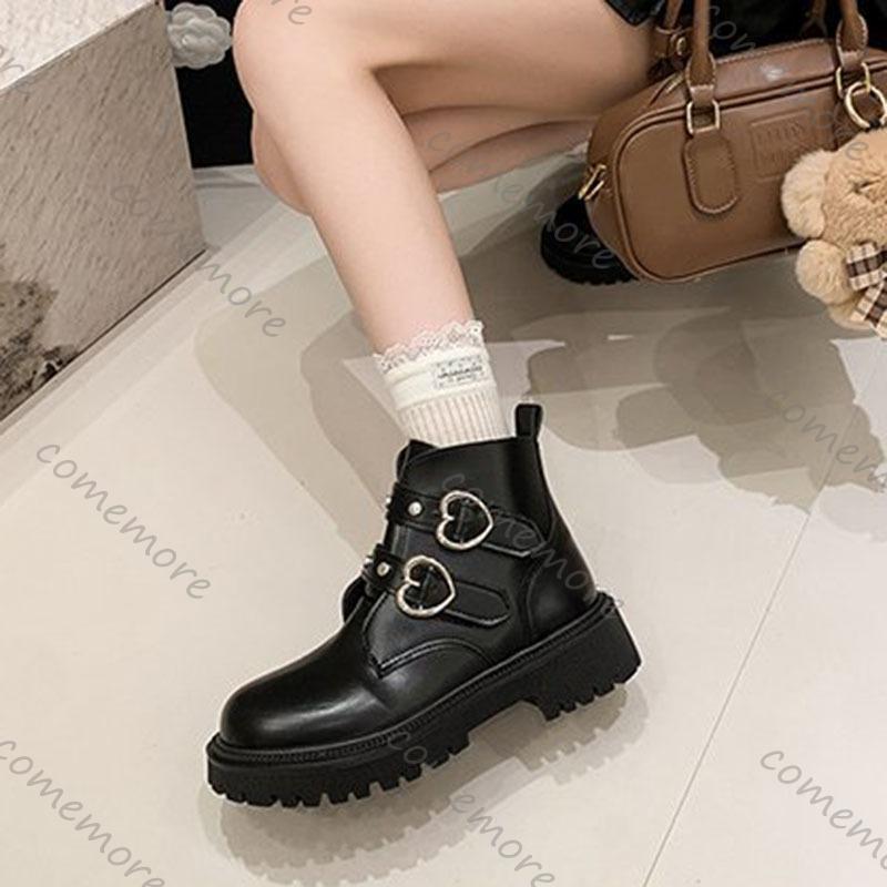 Fashion Comemore 2025 New Round Head Chunky Heel Leather Ankle Boots Metal Buckle Punk Knight Botas Female Fashion Women Autumn Shoes