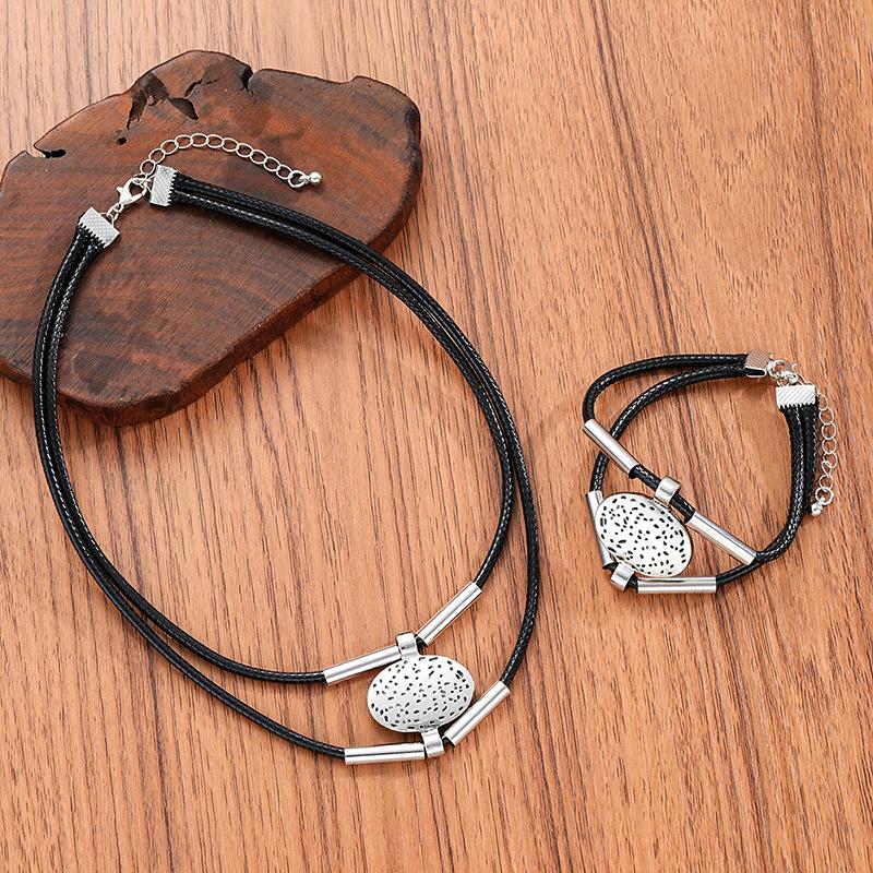 2PC/Set Metal Women Jewerly Faux Leather Vintage Gold Silver Color Girls Gifts Oval Necklace Bracelet Set Fashion Women