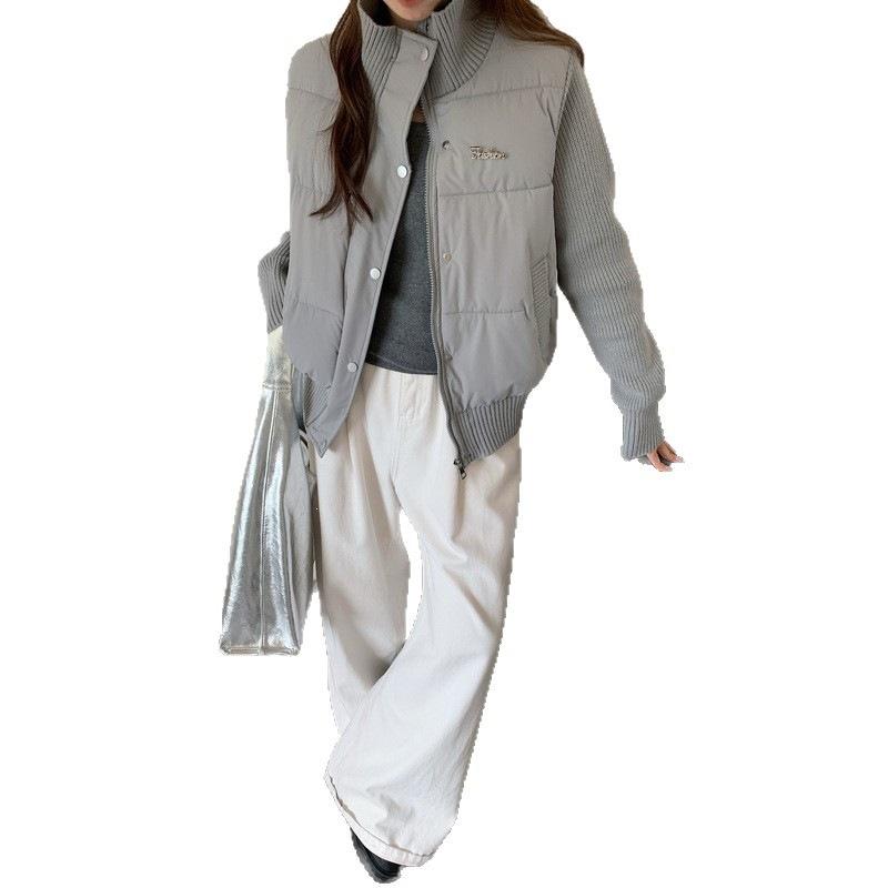 Winter new versatile age-reducing knitted splicing cotton-padded jacket design sense stand-up collar cold-proof and warm cotton-padded jacket women