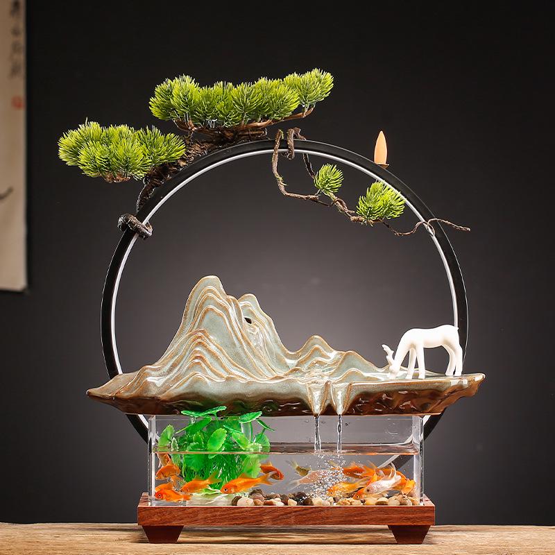 Chinese Wealth-Attracting Water Fountain with Fish Tank - Creative Ornament for Home or Office