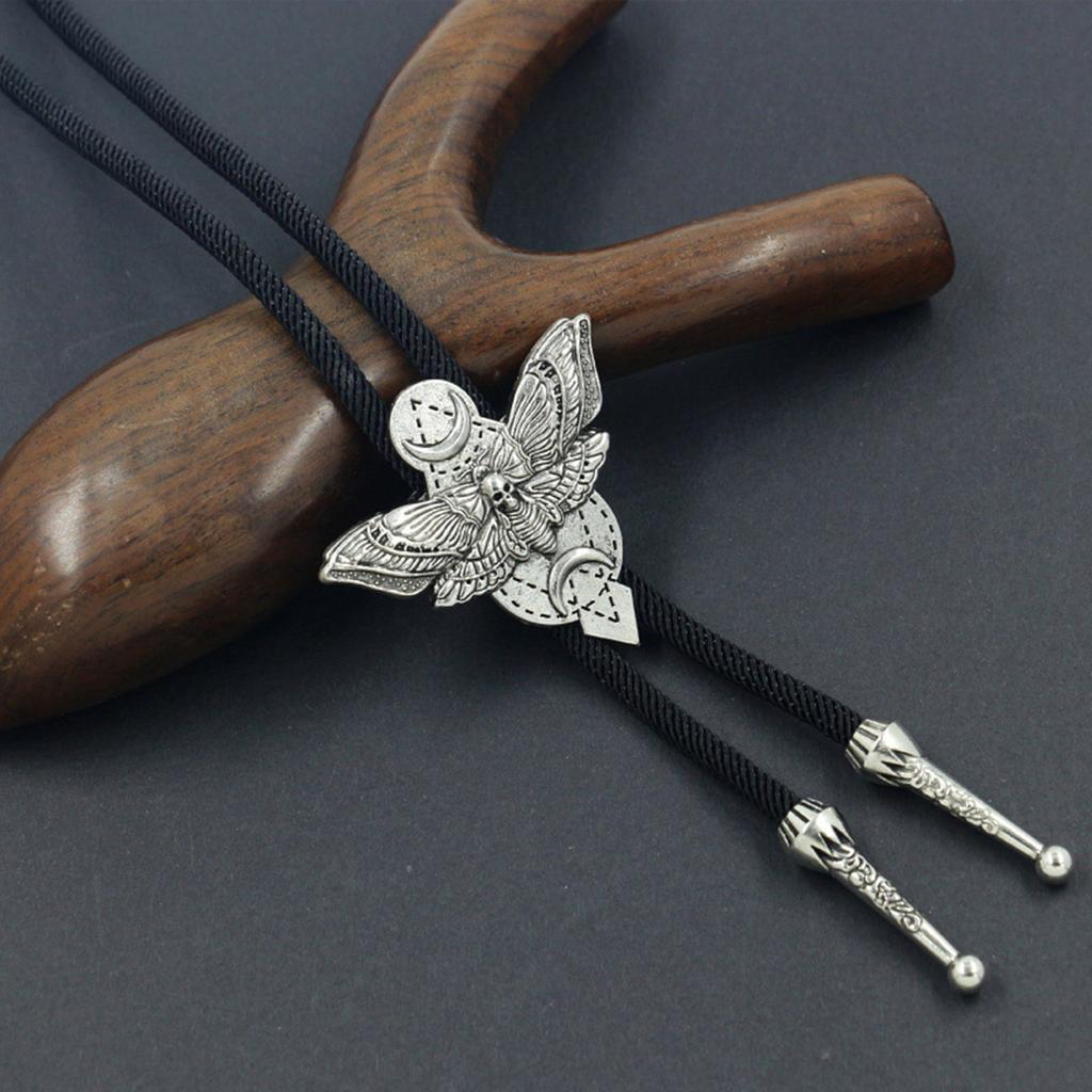 Stylish Western Braided Rope Bolo Tie with Death Skull Moth Motif for Music Festival Punk Adjustable Necktie Necklace