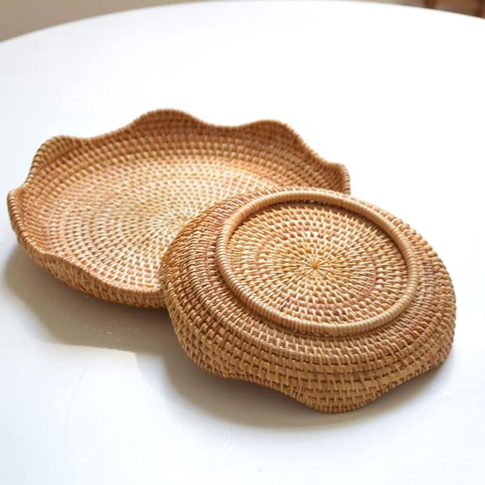 Hand-Woven Rattan Fruit Tray Storage Bread Basket Serving Tray Home Decoration Food Serving Platter 2 Pieces