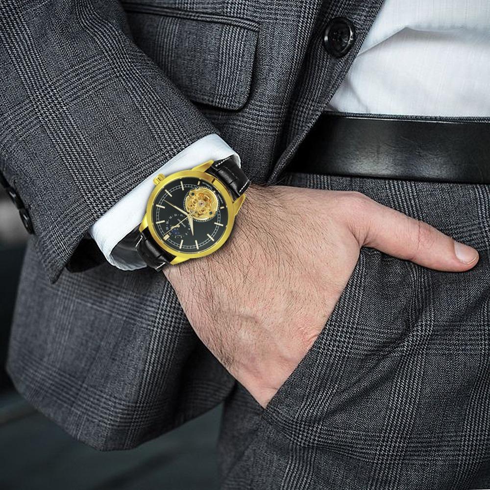 Forsining Men's Fashion Casual Hollow Moon Phase Carved Hollow Automatic Mechanical Watch GMT1177-2-A