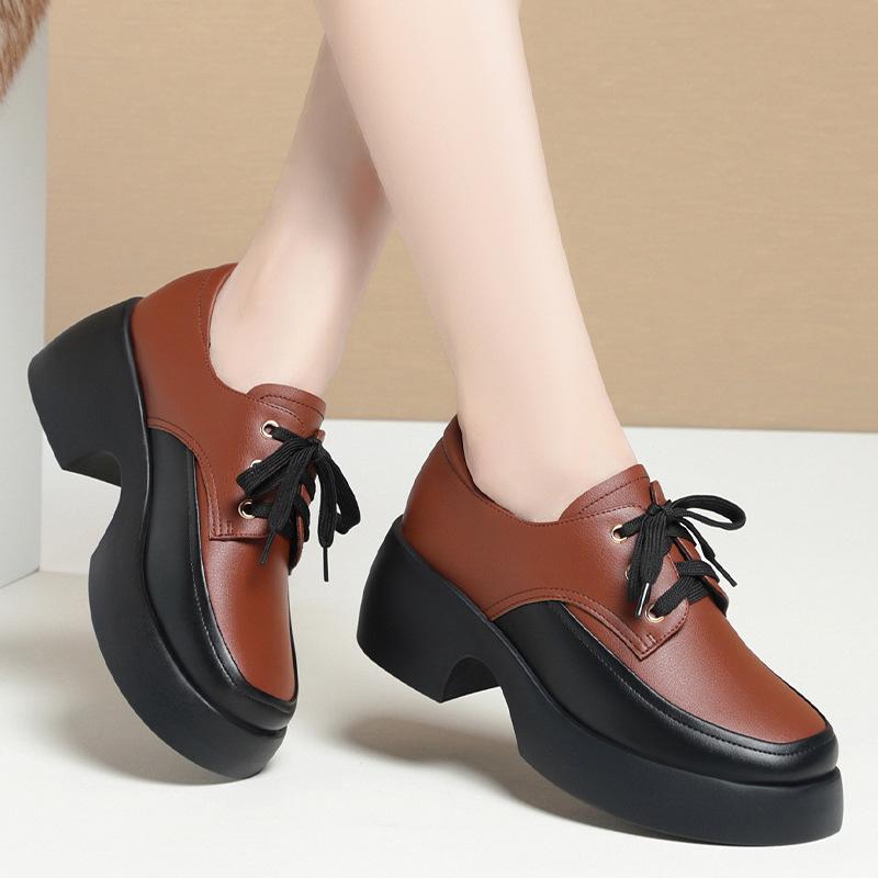 

Мода 2024 года, элегантные, универсальные, на шнуровке, удобные, мягкие, кожаные, на толстой подошве, женские, новые, ретро, на толстой подошве, на высоком каблуке, повседневные, одинарные туфли 36(Foot23cm)