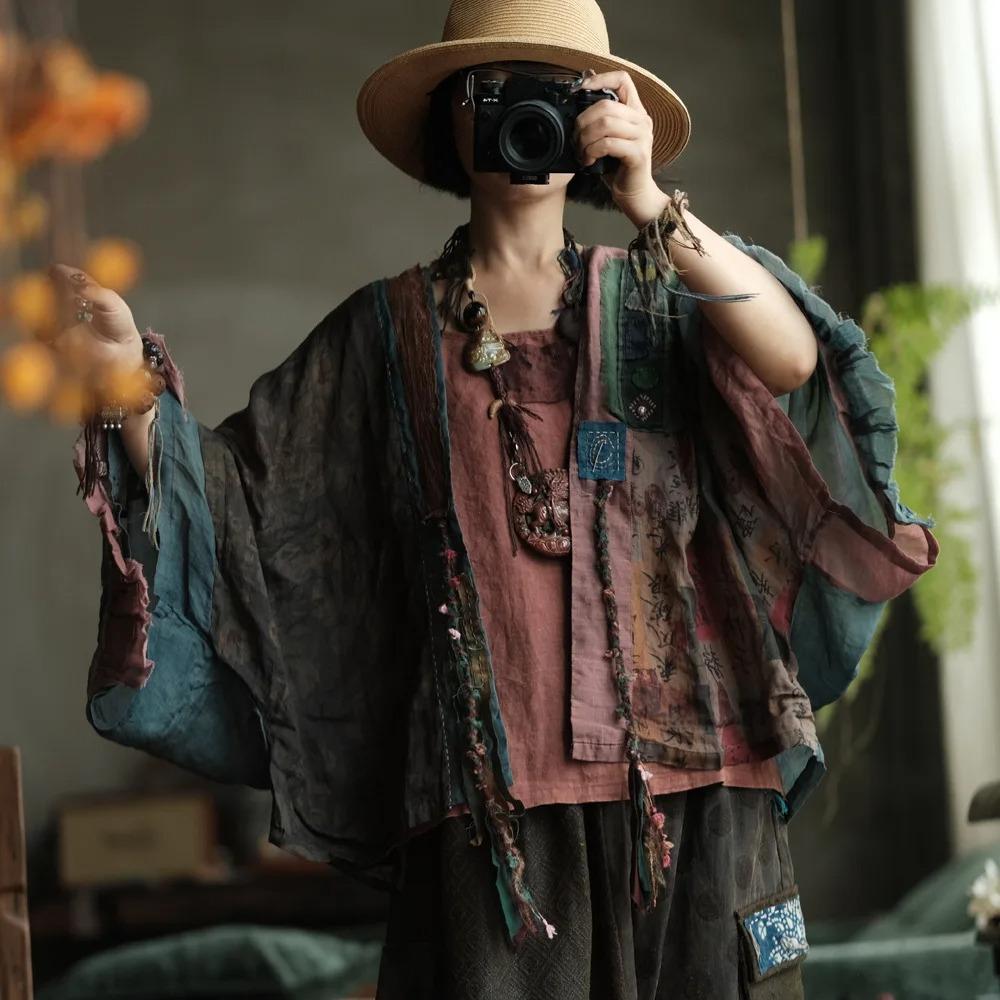 Johnature Women Vintage Patchwork Color Shirts Belt  Autumn Blouses Bat Sleeve Female Blouses Chinese Style Tops