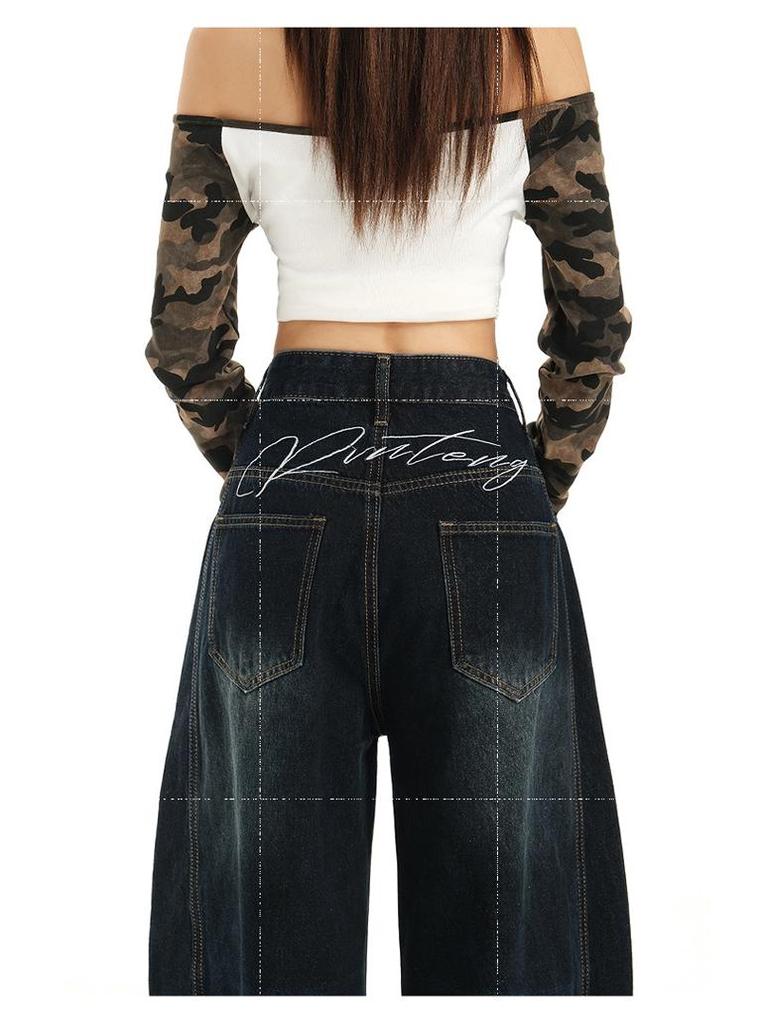 Women's Autumn High-Waisted Scimitar Jeans: Lazy Style Loose Wide-Leg Mop Pants