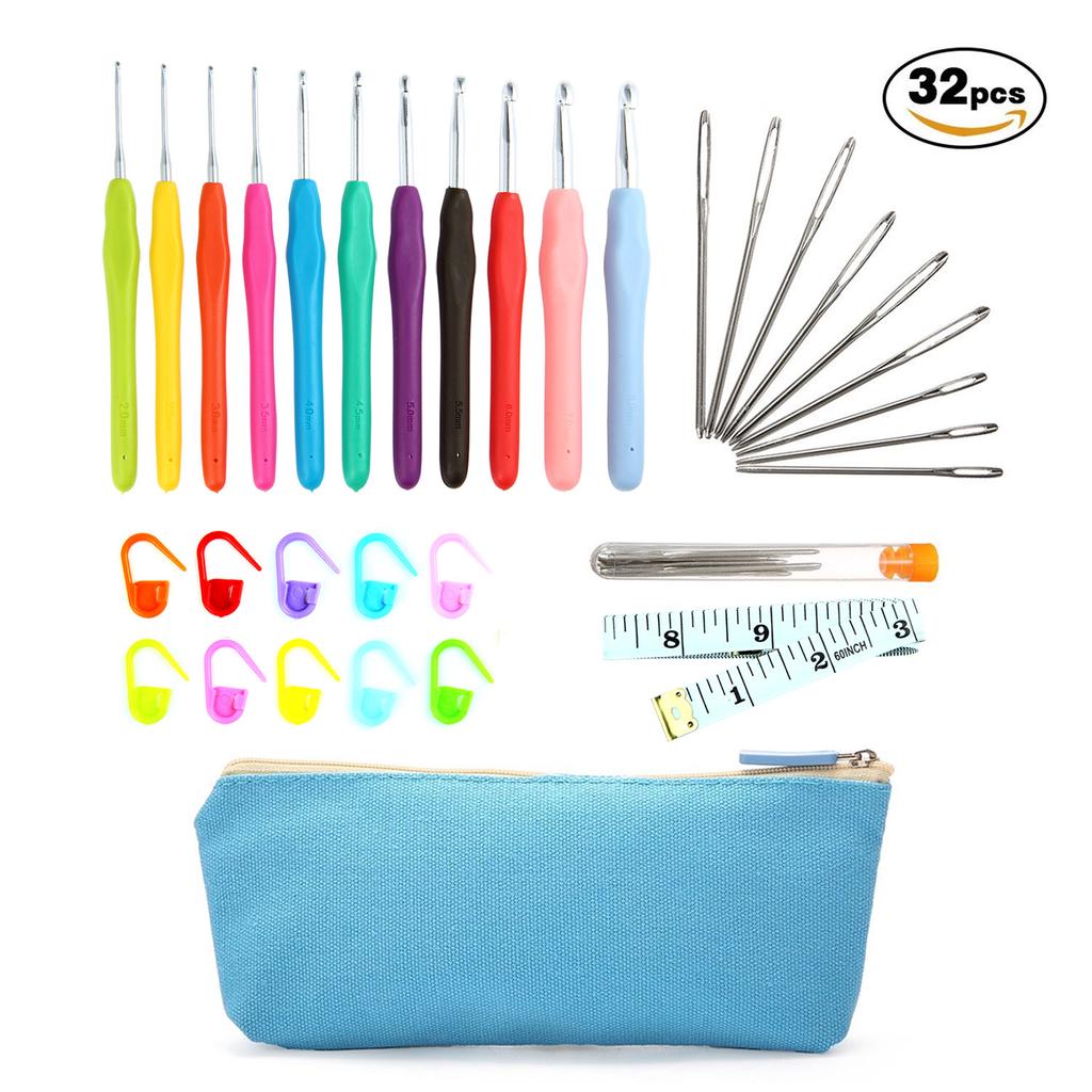 Kn... Aluminum Blunt Needles 32Pack Crochet Hooks Set Ergonomic Soft Handles