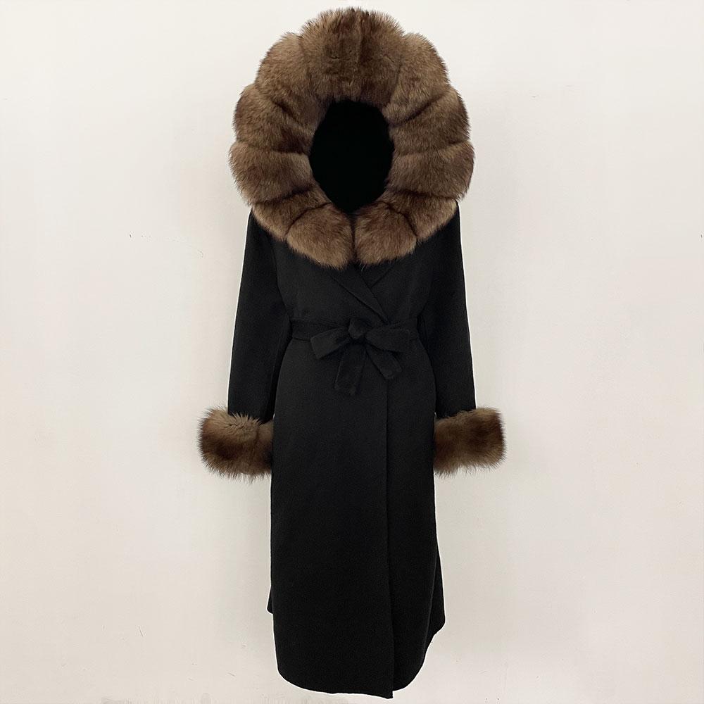 OFTBUY Winter Women Coat Real Natural Fox Fur Hooded Detachable Collar Double-faced Woolen Jacket Long Casual Elegant Overwears