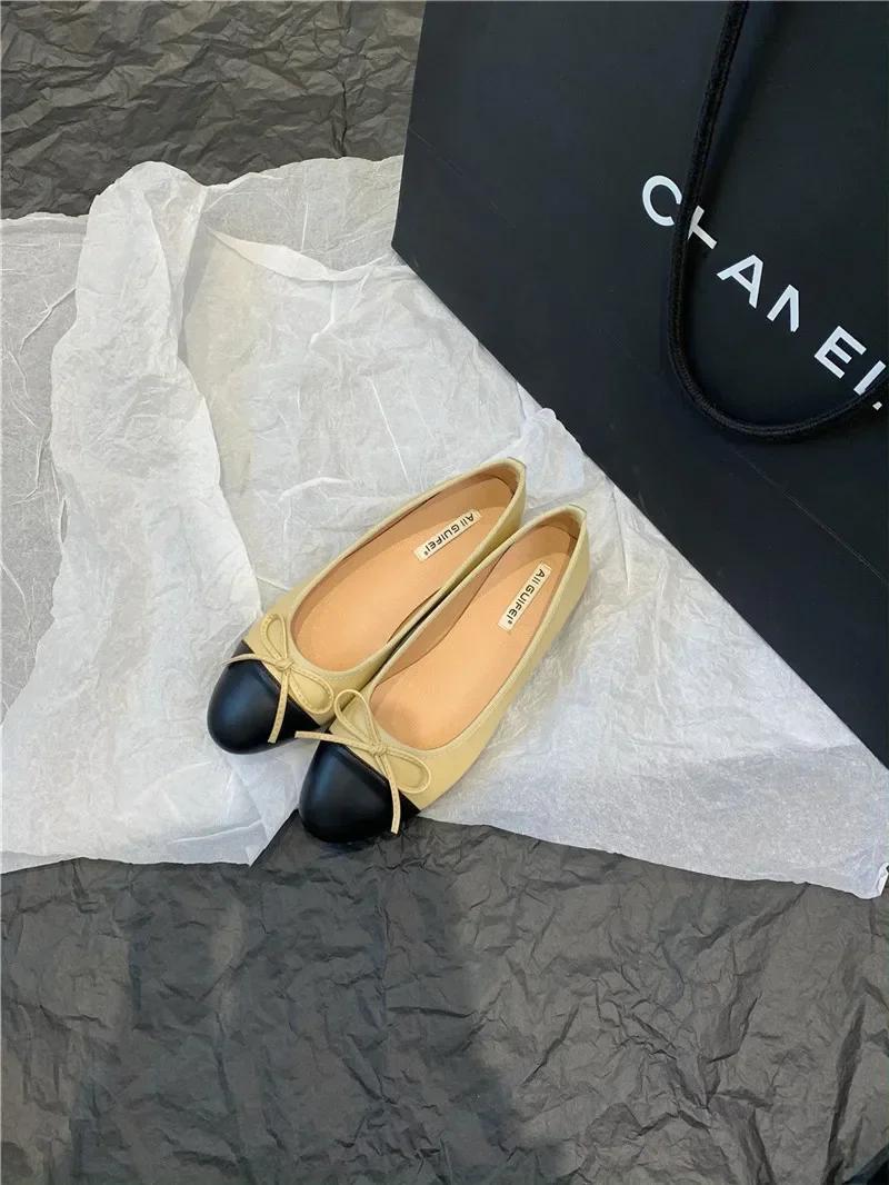 

Fashion Women Leather Flat Shoes Fashionable Round Toe Casual Ballerina Bow Ballet Shoes Soft Moccasin Black with Beige Lolita Shoes 40 абрикосовый