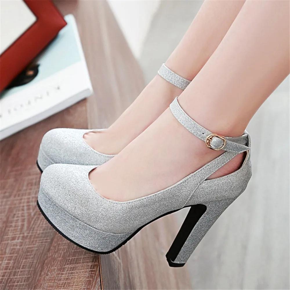 Ankle Strap High Heels Sexy Women Pumps Shiny Sequin Cloth Thick Platform Ladies Party Shoes Buckle Hollow Out Purple