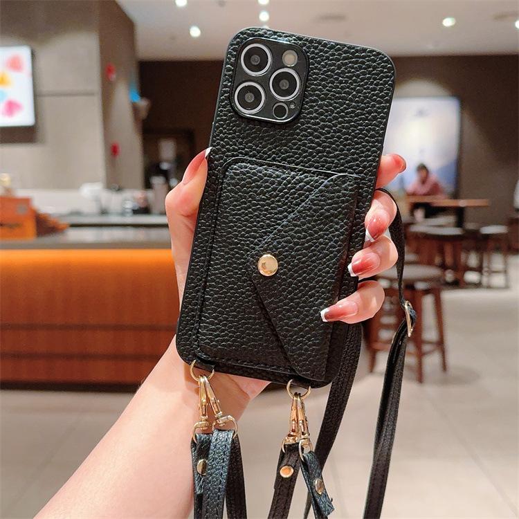 Applicable To Iphone16promax Lychee Pattern Card Bag Leather Case 14plus Crossbody Card Lanyard Mini Protective Cover
