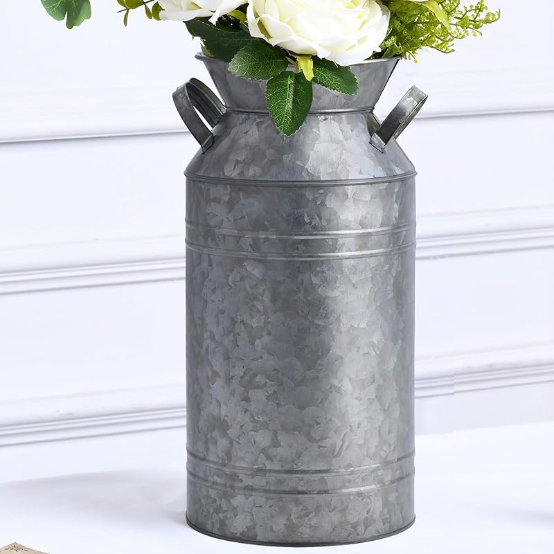 12  inch, Galvanized Metal Farmhouse Centerpieces Milk Can Jug for Kitchen Cabinets Bedroom Decoration, Rustic Table Tin Vase, Vintage Country Flower серебряный