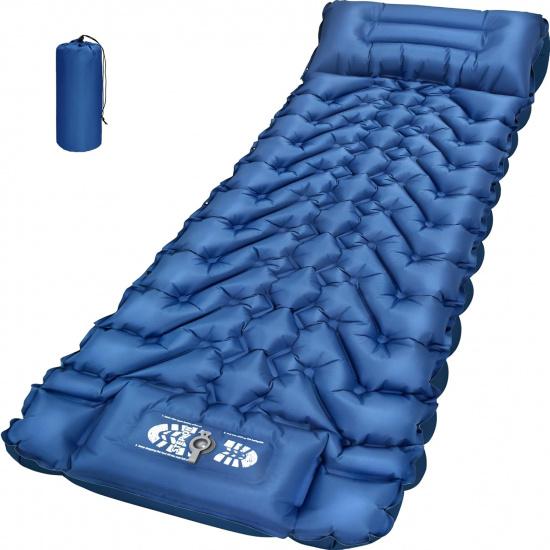 Camping Sleeping Pad, Backpacking Sleeping Pad With Built-In Pillow And Foot Pump, 4in Thick Compact Inflatable Camping Air Mattress For Hiking синий