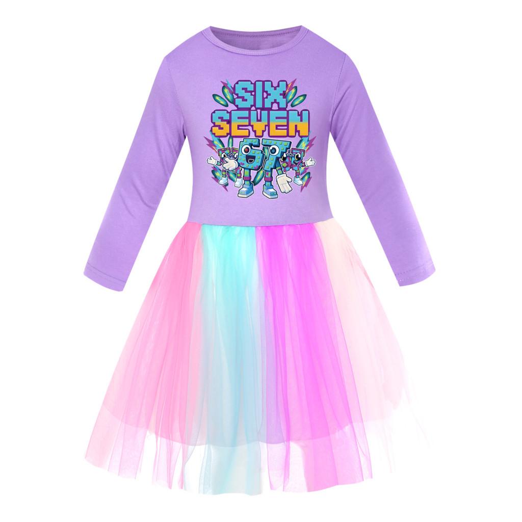 5220 Kids Girls Steal a Brainrot 67 Six Seven Print Mesh Rainbow Round Neck Casual Casual Cotton Dress