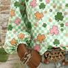 V-necked lantern-sleeve design women's long-sleeved top, lucky three-leaf clover print loose and slimming long-sleeved top