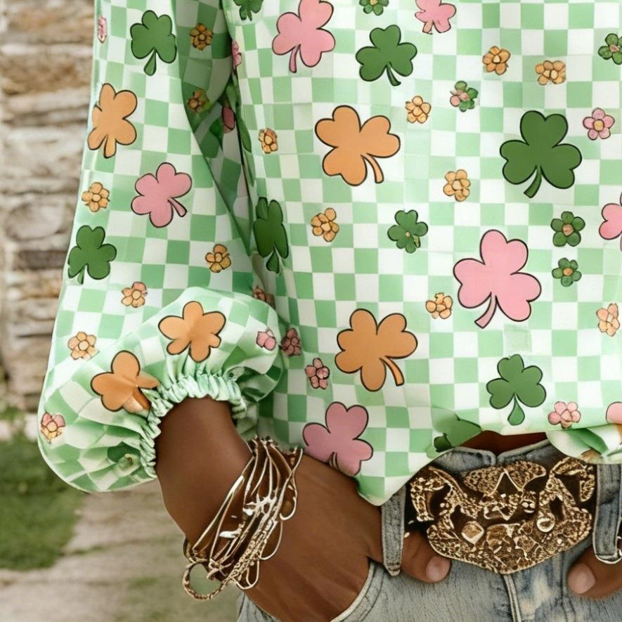 V-necked lantern-sleeve design women's long-sleeved top, lucky three-leaf clover print loose and slimming long-sleeved top