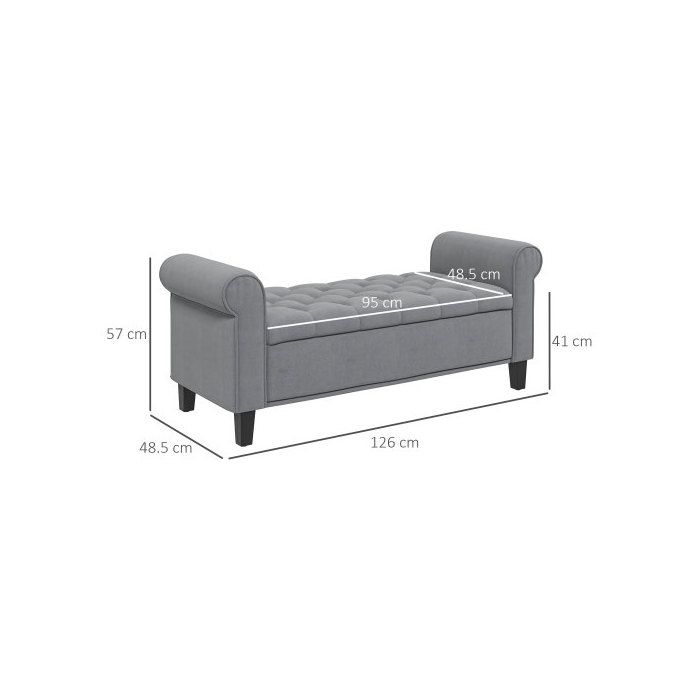 Banc Rembourré - HOMCOM - 126x48,5x47 Cm - Gris - Charge Max. 120 Kg - Rangement Caché