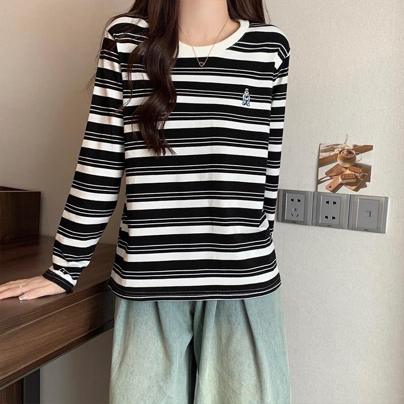 

Осенний новый дизайн, уникальная вышитая базовая футболка для женщин, повседневный универсальный полосатый топ с длинным рукавом из чистого хлопка XL