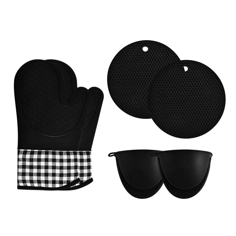 Thickened Silicone Heat Insulation Gloves Set with Hand Clip And Oven Mitts for Microwave And Baking Gray Plaid 34CM Modern