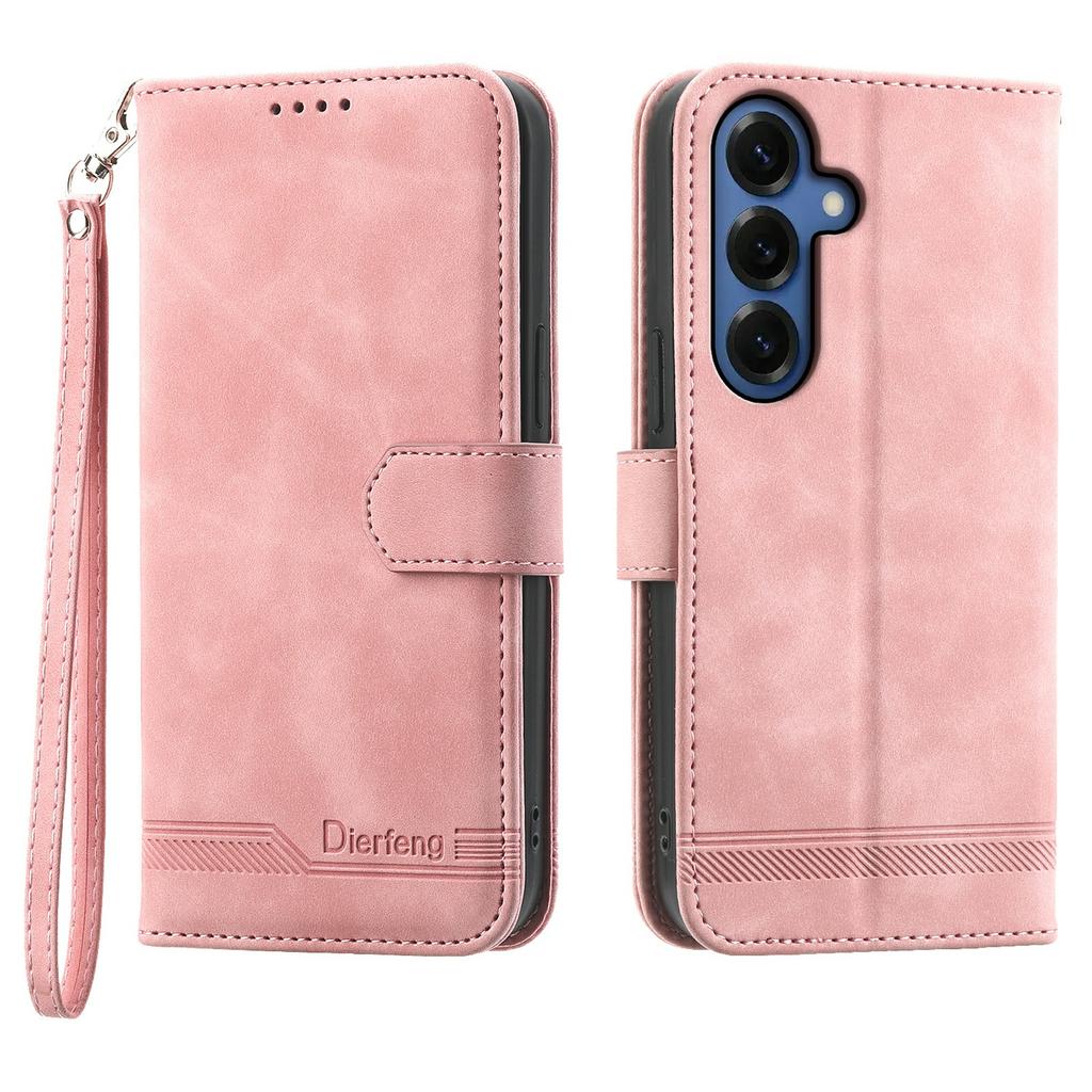 DIERFENG DF-03 For Samsung Galaxy S26+ Case Lines Imprint Wallet Leather Phone Cover with Wrist Strap