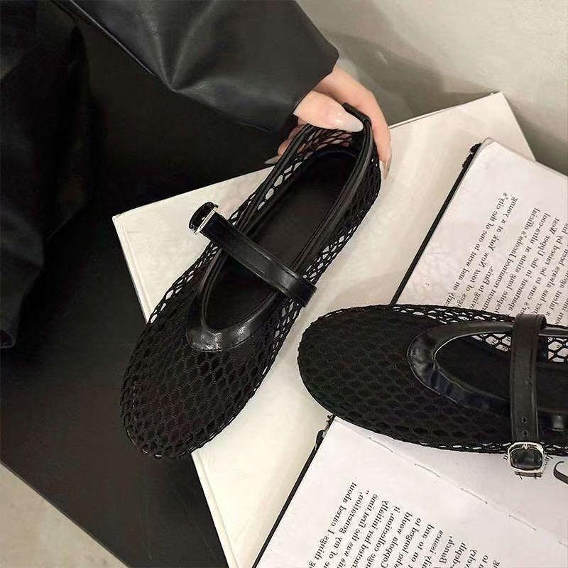 Mesh Shoes Women's Breathable Sandals Summer New French Temperament Flat Bottom Hollow Mary Jane Single Shoes