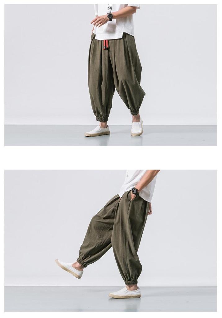 2024 Men's Linen Casual Pants: Chinese & Japanese Style, Loose Wide Leg, Tapered Plus Size Harem Carrot Pants