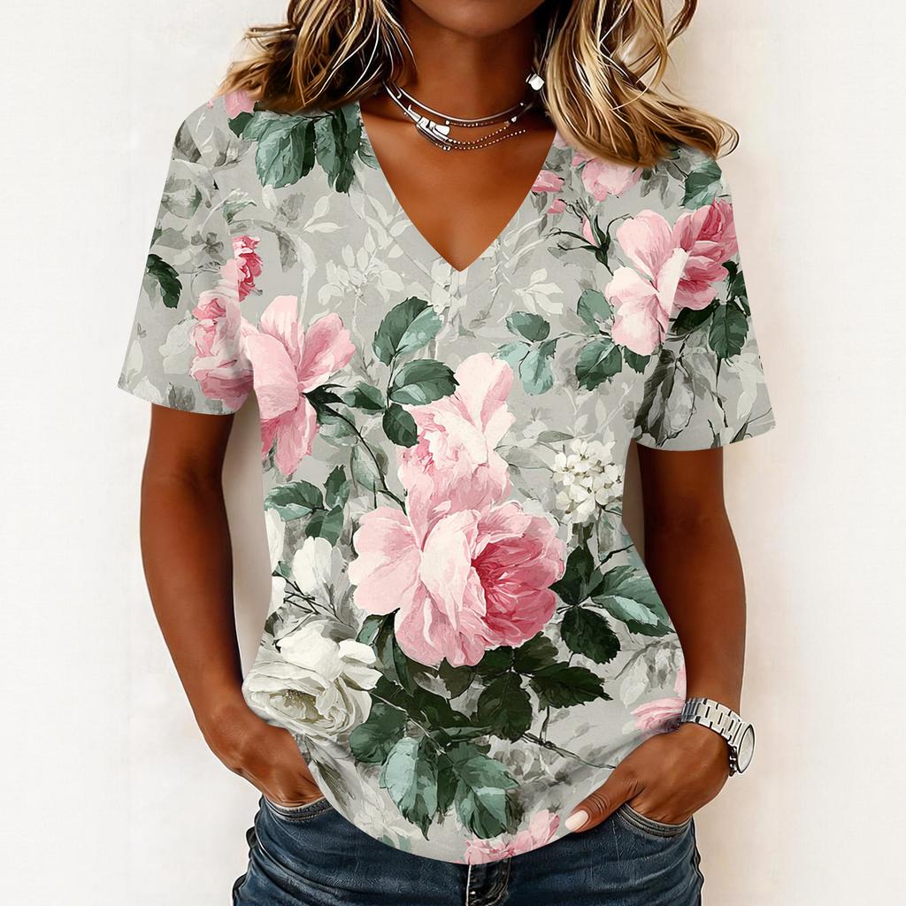 Women's fashionable casual short-sleeved floral print V-neck pullover top