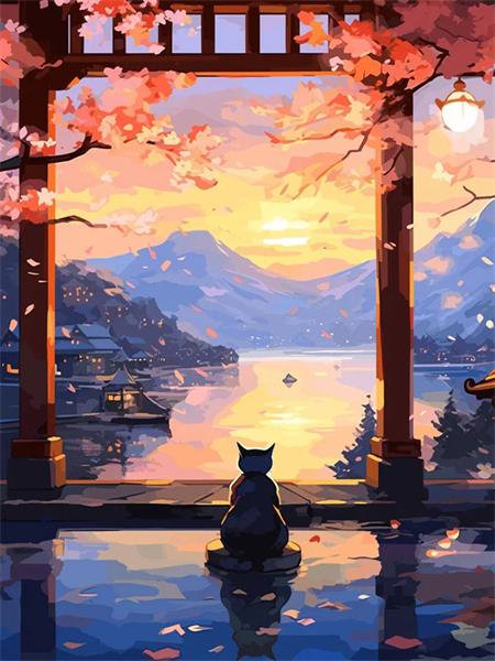 5D Diamant Malerei Neuheiten Katze Tempel Voll Platz Runde Stickerei Mosaik Sonnenuntergang Landschaft Home Decor