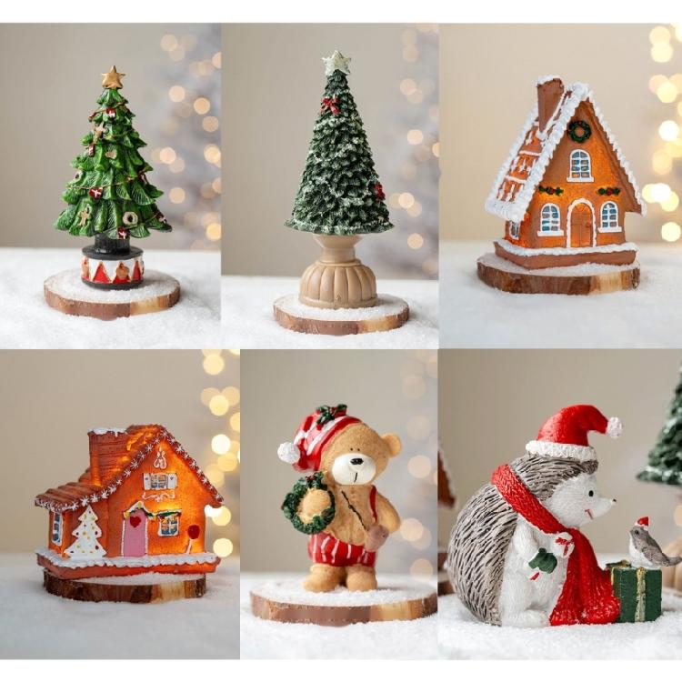 Festival Colorful Christmas Houses Tree Bear Statue Resins Miniature Figurine Ornament Seasonal Holiday Desktop Decors
