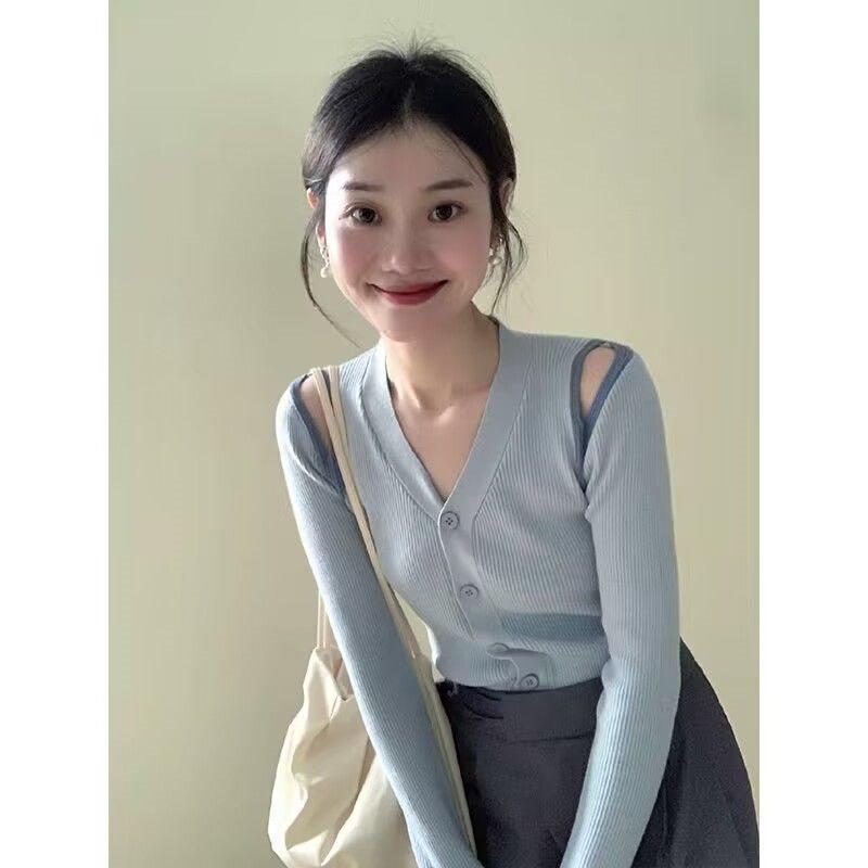 

Женский облегающий кардиган крупной вязки с V-образным вырезом, открытыми плечами и цветными блоками – Весенний топ с длинным рукавом и вырезами S (80-95)