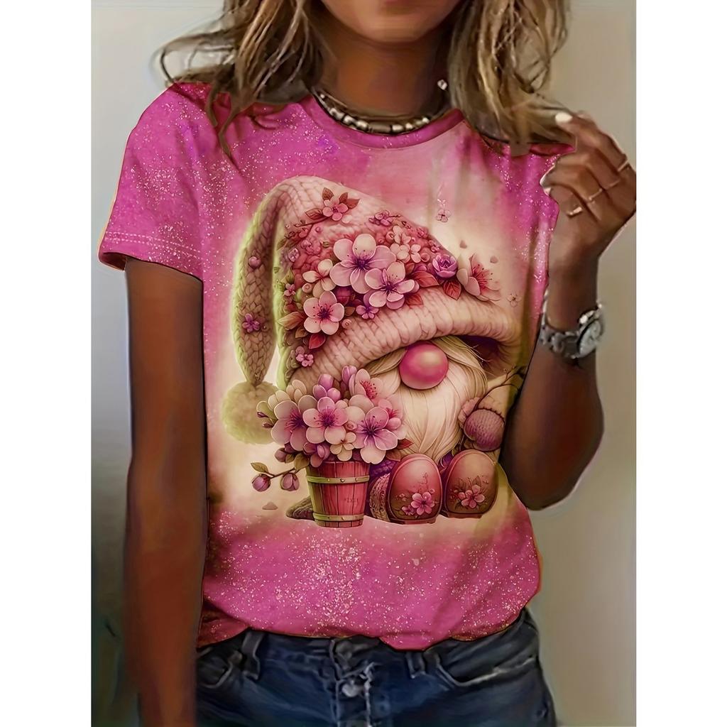 Bee Genie Gnomes Printed Women's T-shirt Comfortable Round Neck Short-sleeved Summer Style Casual Women's Clothing