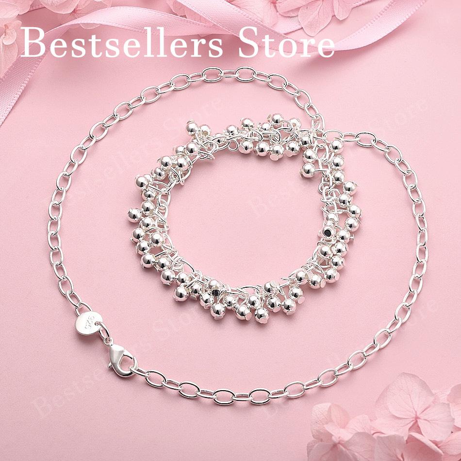 925 Sterling Silver Exquisite Glossy Beaded Necklace Women Fashion Party Favor Wedding Jewelry 45cm серебряный