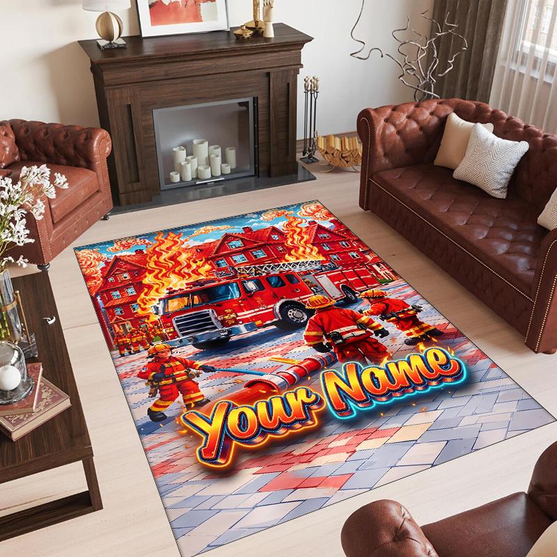 Fire Truck Theme Crystal Velvet Rug Personalized Custom Name Text Soft Floor Mat Home Decor