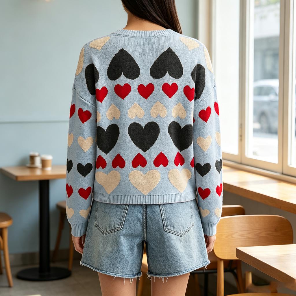 Women's Casual Heart Pattern Round Neck Loose Fit Knit Pullover Sweater