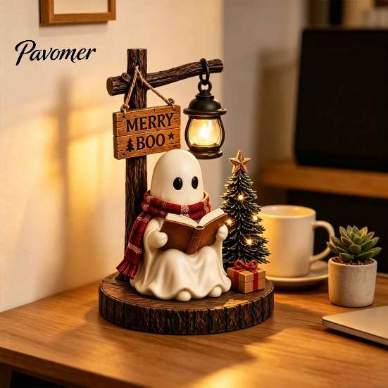 Healing Ghost Figurines Halloween Figurine, Vintage Cozy Reading Book/Walking Dog Statue with Lantern, Autumn Harvest Decorations Light Up Spooky