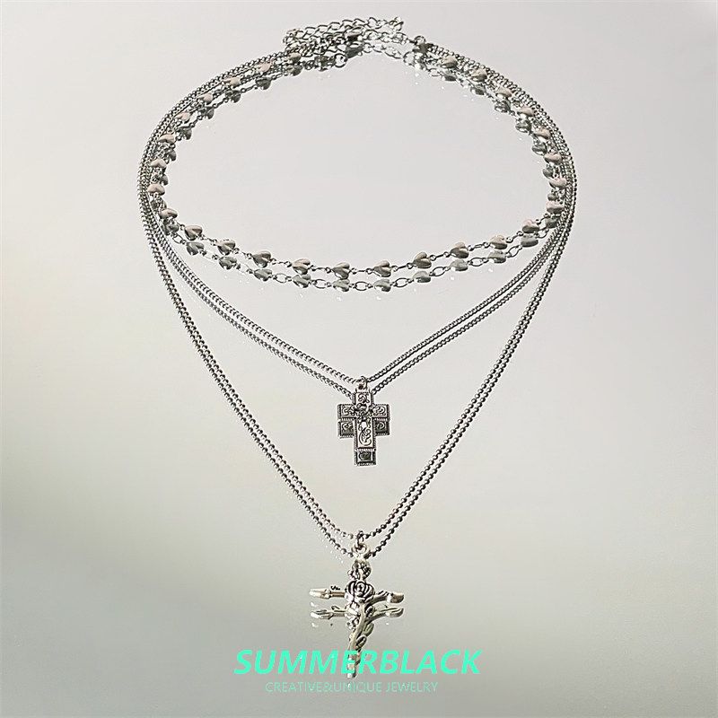 European and American Style Ins-Inspired Multi-Layered Chain Heart Cross Pendant Necklace for Women, Niche Y2K Trendy Clavicle Chain Heart Cross Multi-Layered Necklace
