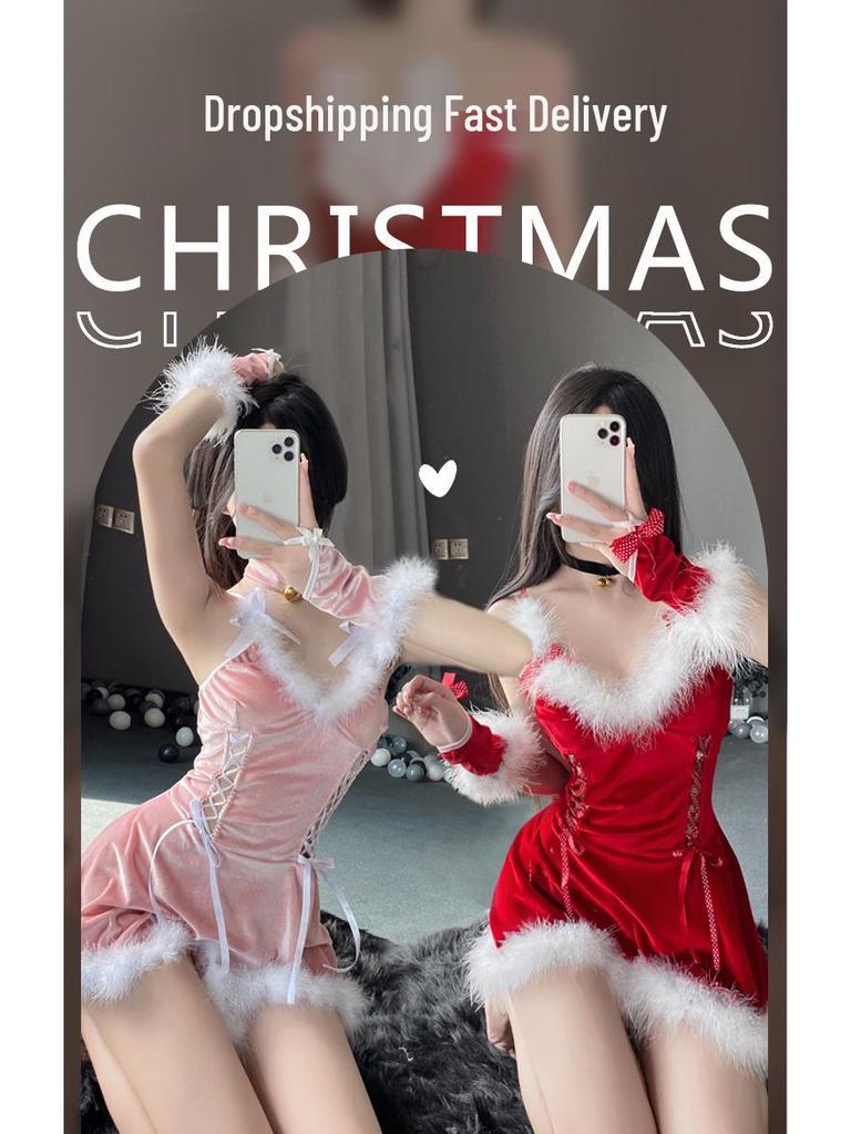 Christmas Sexy Lace-Up Bunny Girl Slip Dress Costume for Stage Performance