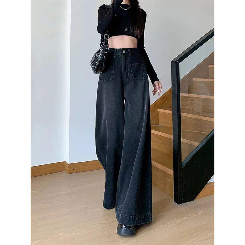 

High-Waisted Black-Gray Wide-Leg Jeans for Women - Trendy Autumn Floor-Length Pants with Good Drape in American Style. XS (Recommended weight: 75-84 jin)